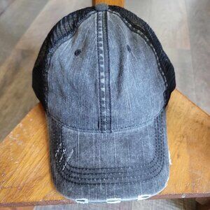 Distressed embroidered baseball hat with ponytail / Messy bun opening in back